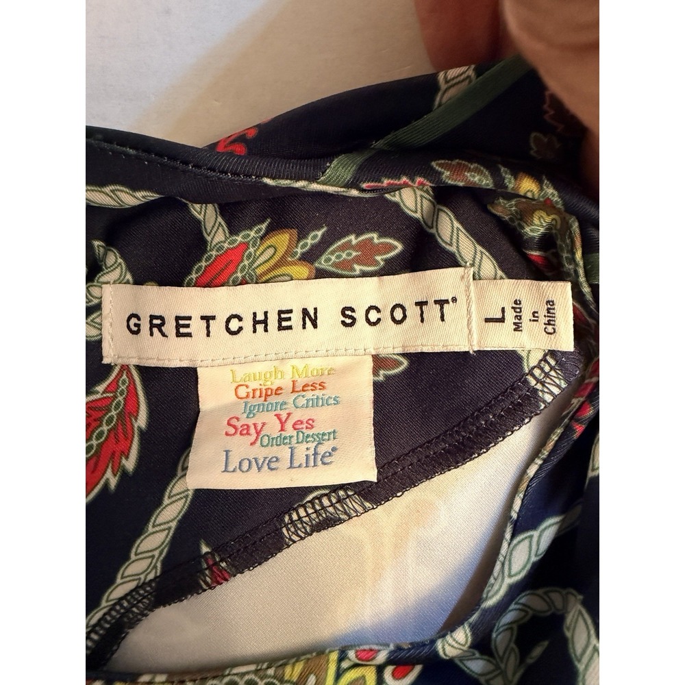 Gretchen Scott Size Large Dress Navy Blue Paisley Stretch 3/4 Sleeve Jersey Boho - Picture 3 of 10